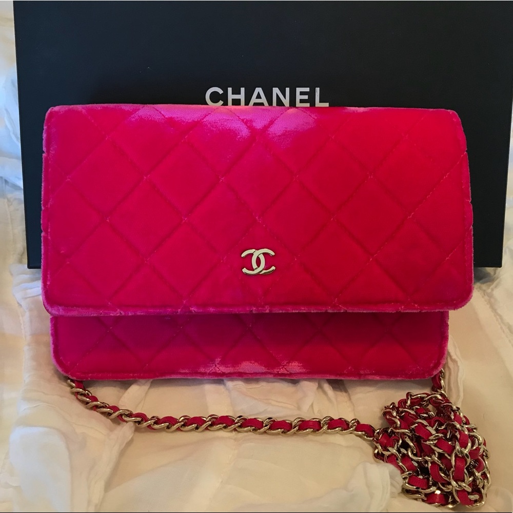 Chanel Fuschia Velvet Wallet On Chain